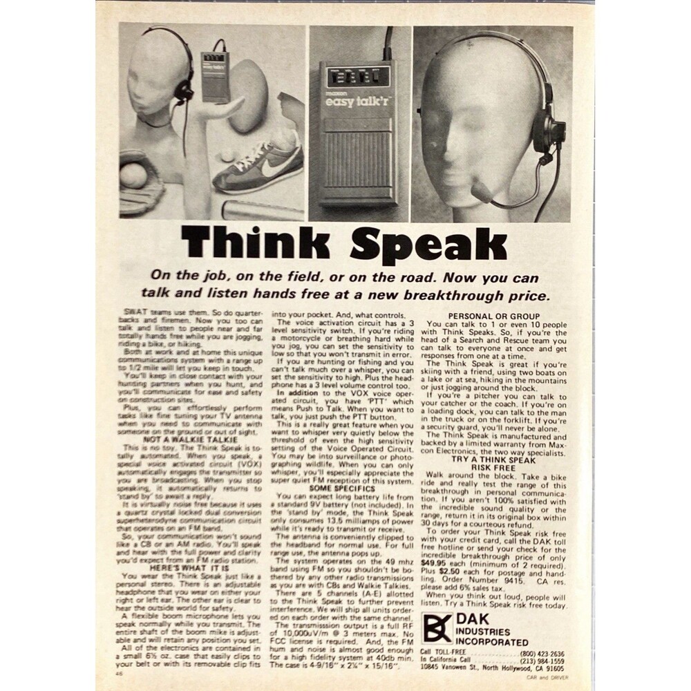 DAK Industries Think Speak Personal Communicator "like a stereo" Print Ad 1982